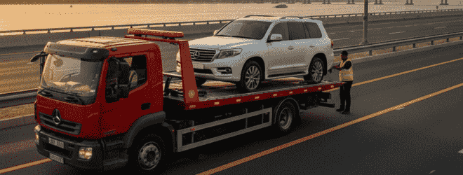 Flatbed towing truck carrying a car in Khobar and Dammam